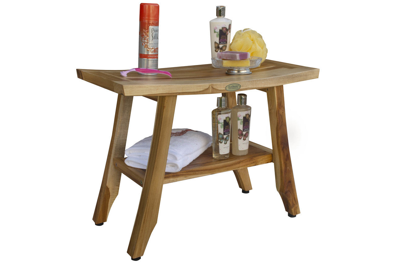 EcoDecors® Satori® 24" Teak Wood Shower Bench with Shelf in EarthyTeak Finish