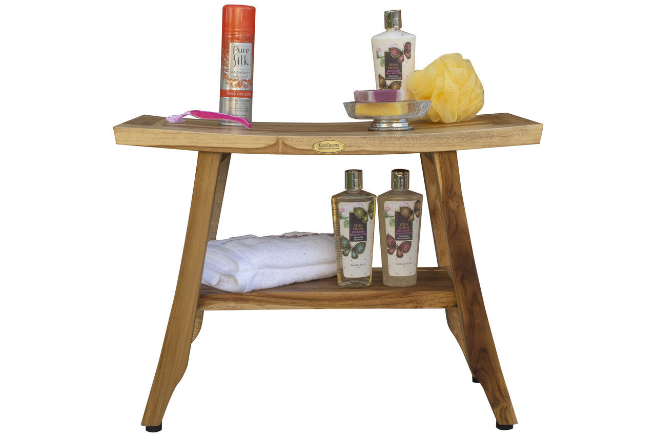 EcoDecors® Satori® 24" Teak Wood Shower Bench with Shelf in EarthyTeak Finish