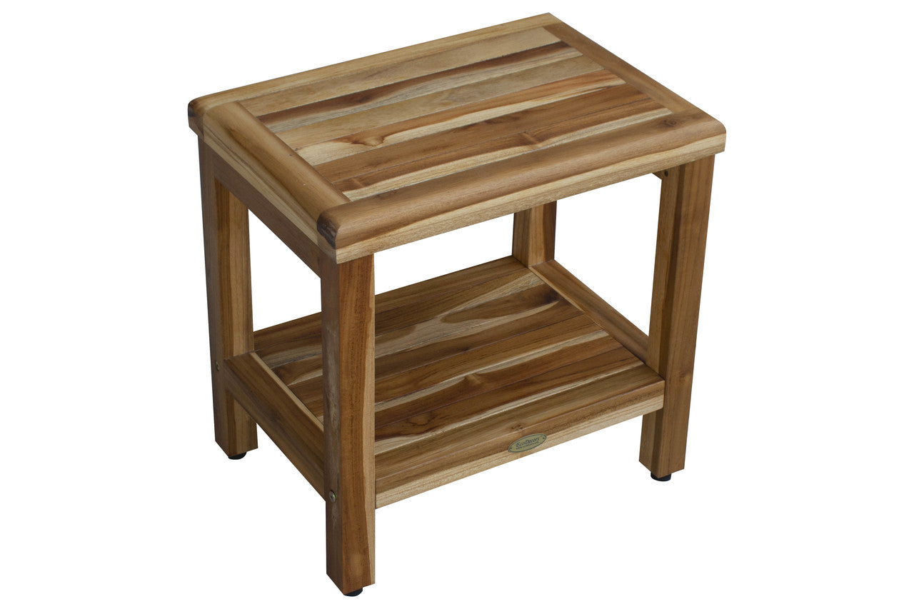 EcoDecors® Eleganto® 18" Teak Wood Shower Bench with Shelf in EarthyTeak Finish