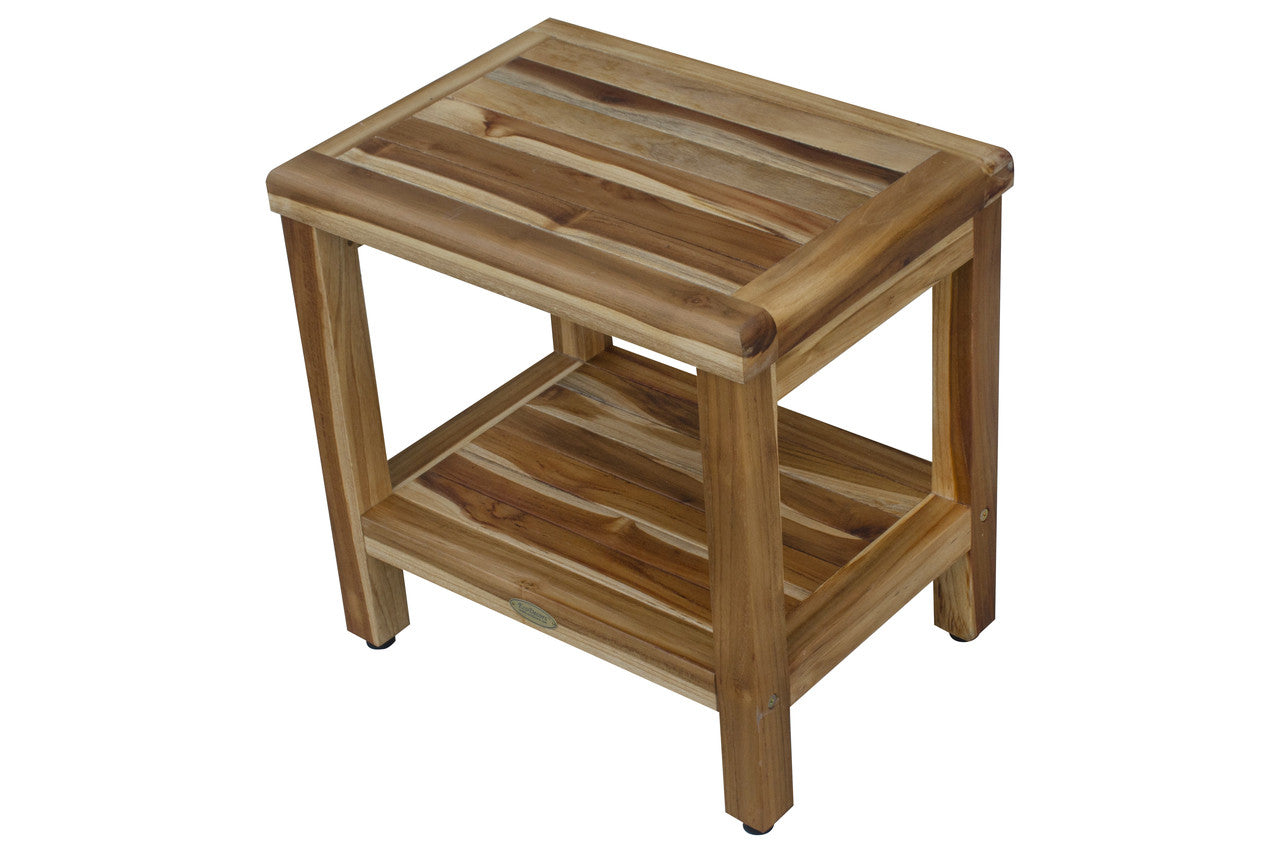 EcoDecors® Eleganto® 18" Teak Wood Shower Bench with Shelf in EarthyTeak Finish