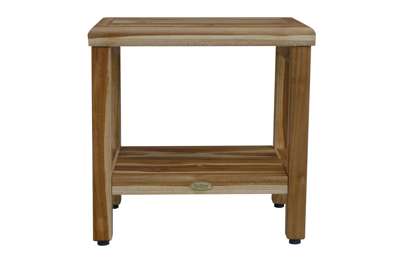 EcoDecors® Eleganto® 18" Teak Wood Shower Bench with Shelf in EarthyTeak Finish