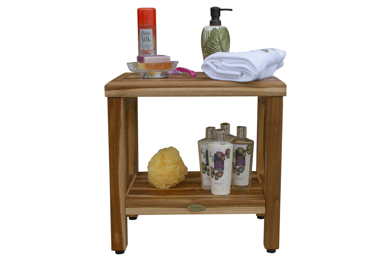 EcoDecors® Eleganto® 18" Teak Wood Shower Bench with Shelf in EarthyTeak Finish
