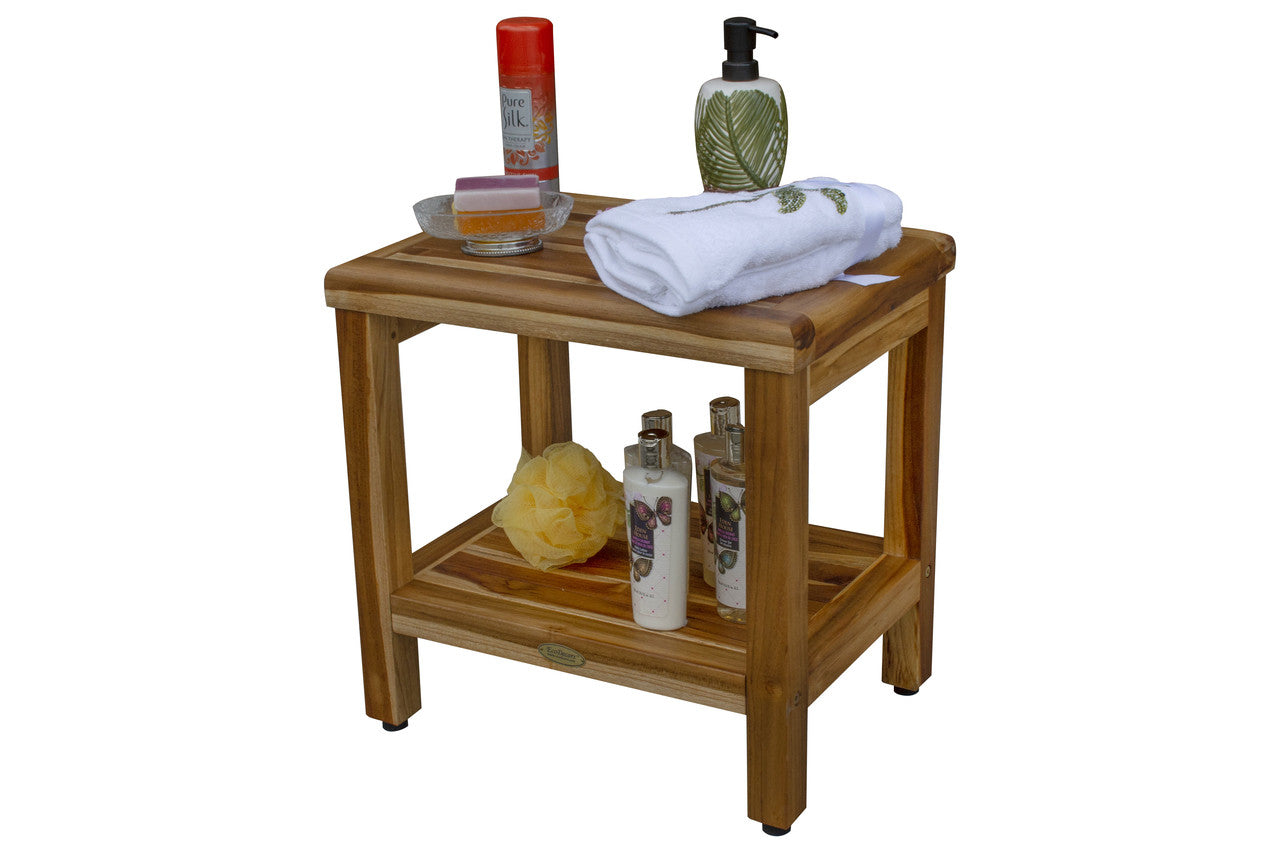 EcoDecors® Eleganto® 18" Teak Wood Shower Bench with Shelf in EarthyTeak Finish