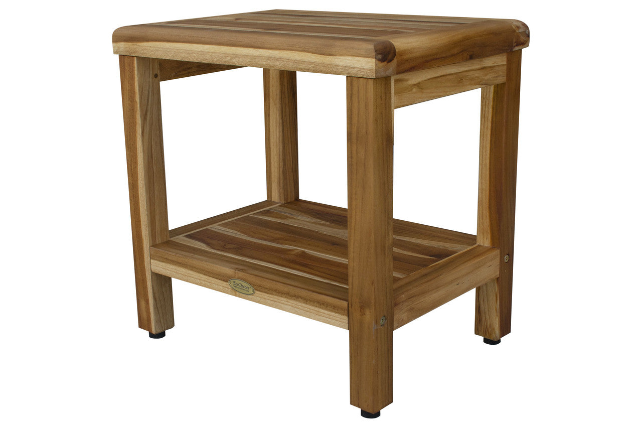 EcoDecors® Eleganto® 18" Teak Wood Shower Bench with Shelf in EarthyTeak Finish