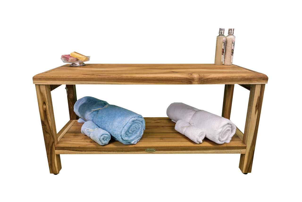 EcoDecors® Eleganto® 36" Teak Wood Shower Bench with Shelf in EarthyTeak® Finish