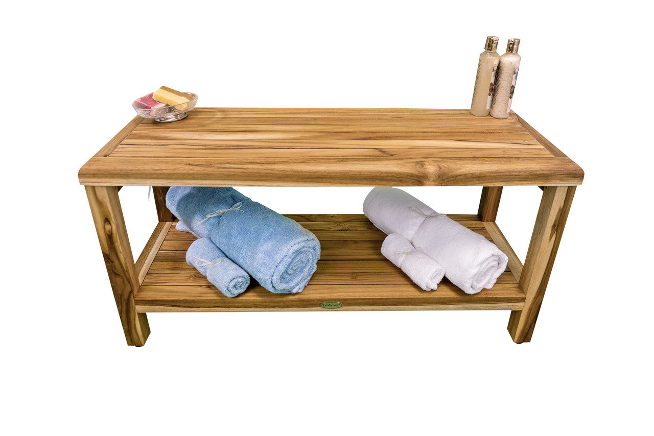 EcoDecors® Eleganto® 36" Teak Wood Shower Bench with Shelf in EarthyTeak® Finish