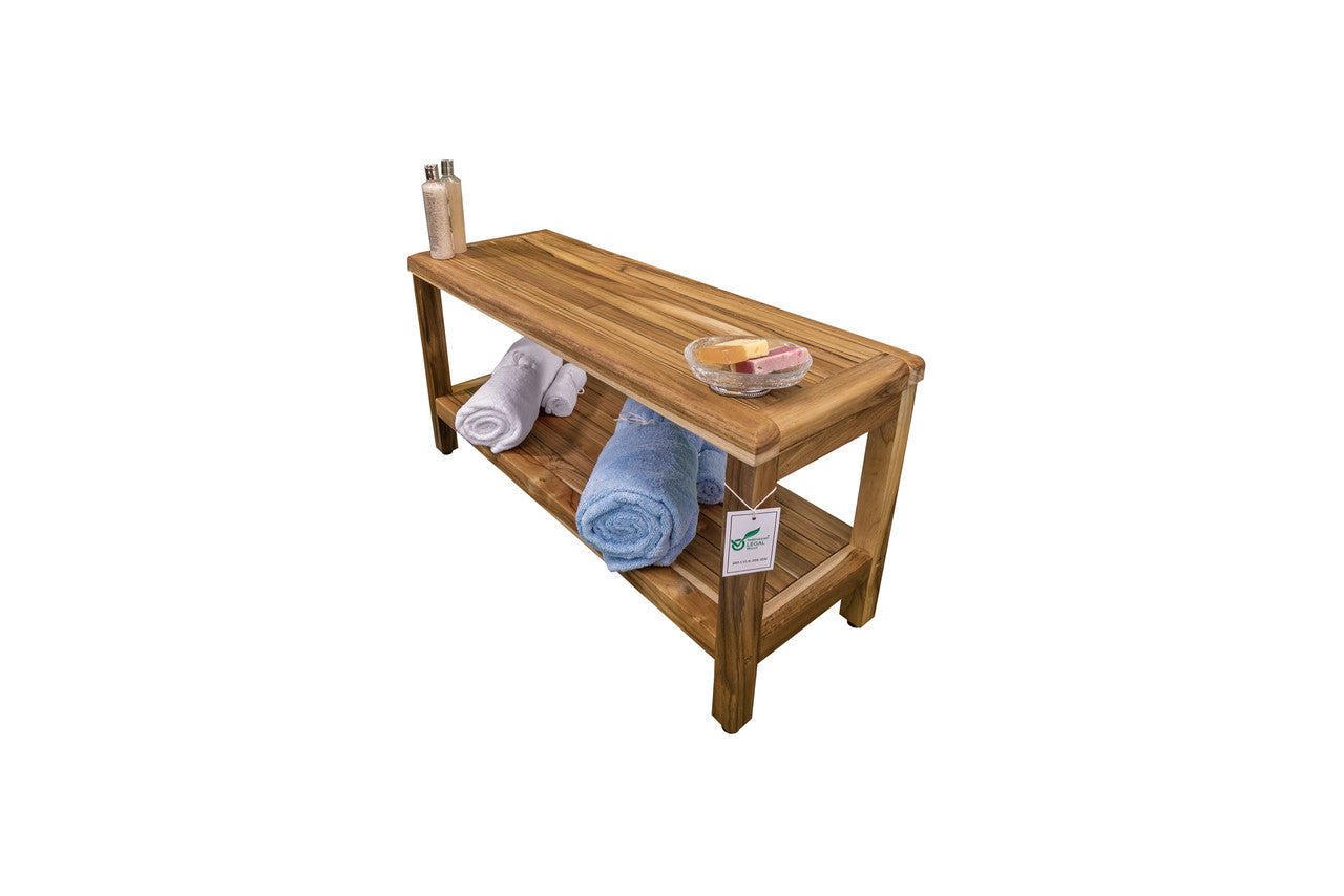 EcoDecors® Eleganto® 36" Teak Wood Shower Bench with Shelf in EarthyTeak® Finish