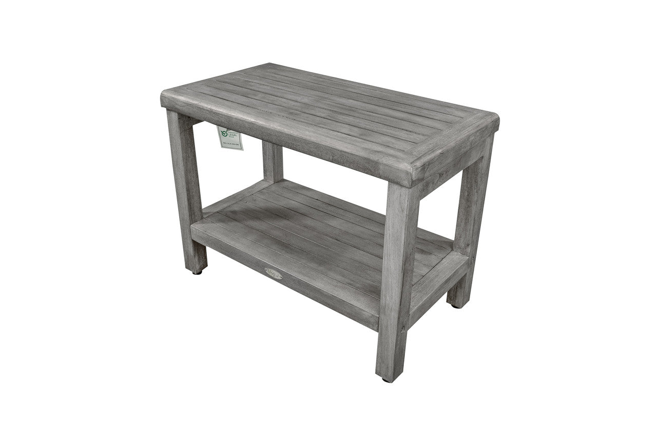 CoastalVogue® Eleganto® 24" Teak Wood Shower Bench with Shelf in Antique Gray Finish