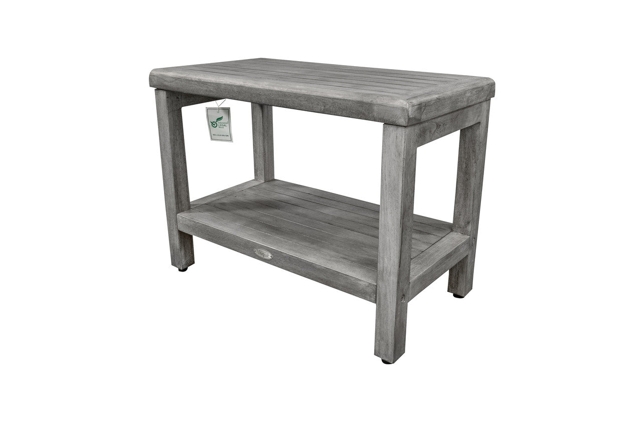 CoastalVogue® Eleganto® 24" Teak Wood Shower Bench with Shelf in Antique Gray Finish