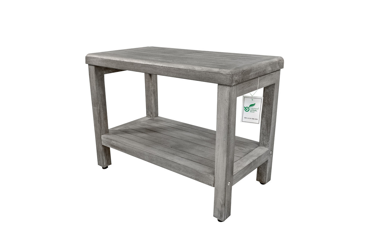 CoastalVogue® Eleganto® 24" Teak Wood Shower Bench with Shelf in Antique Gray Finish