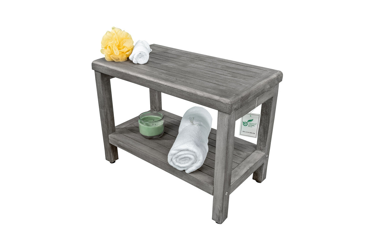 CoastalVogue® Eleganto® 24" Teak Wood Shower Bench with Shelf in Antique Gray Finish