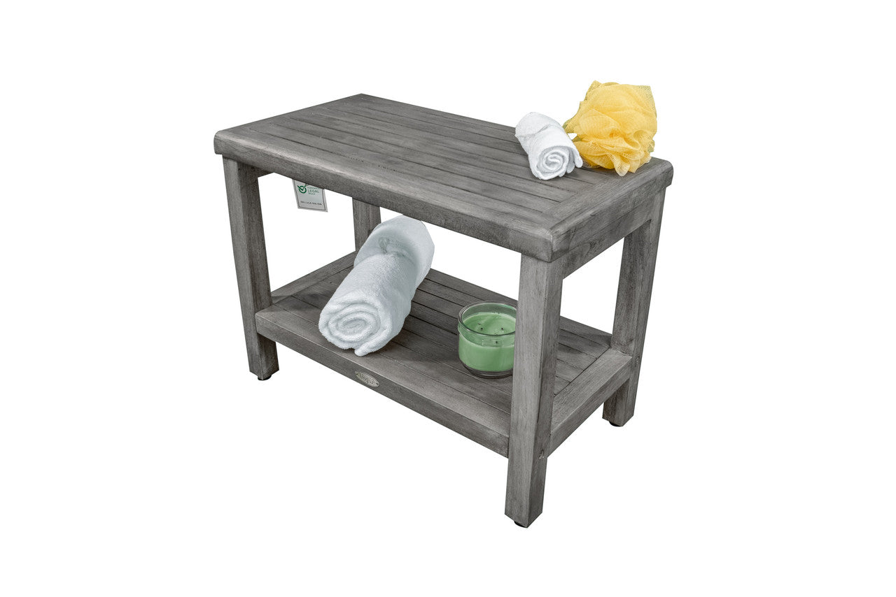 CoastalVogue® Eleganto® 24" Teak Wood Shower Bench with Shelf in Antique Gray Finish