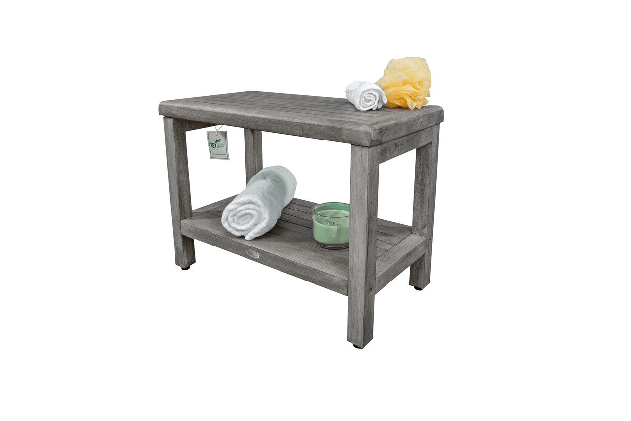 CoastalVogue® Eleganto® 24" Teak Wood Shower Bench with Shelf in Antique Gray Finish