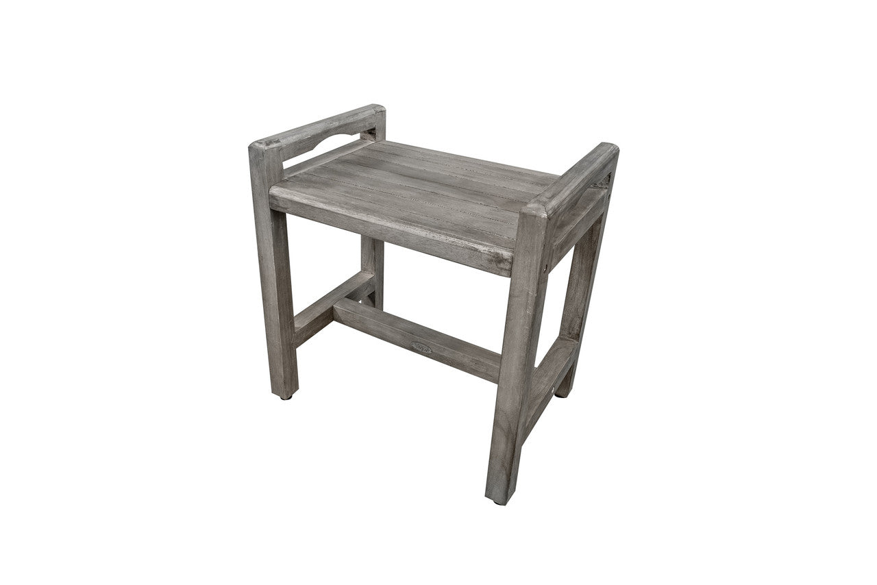 CoastalVogue Eleganto 20" Teak Wood Shower Bench with LiftAide Arms in Gray Driftwood Finish
