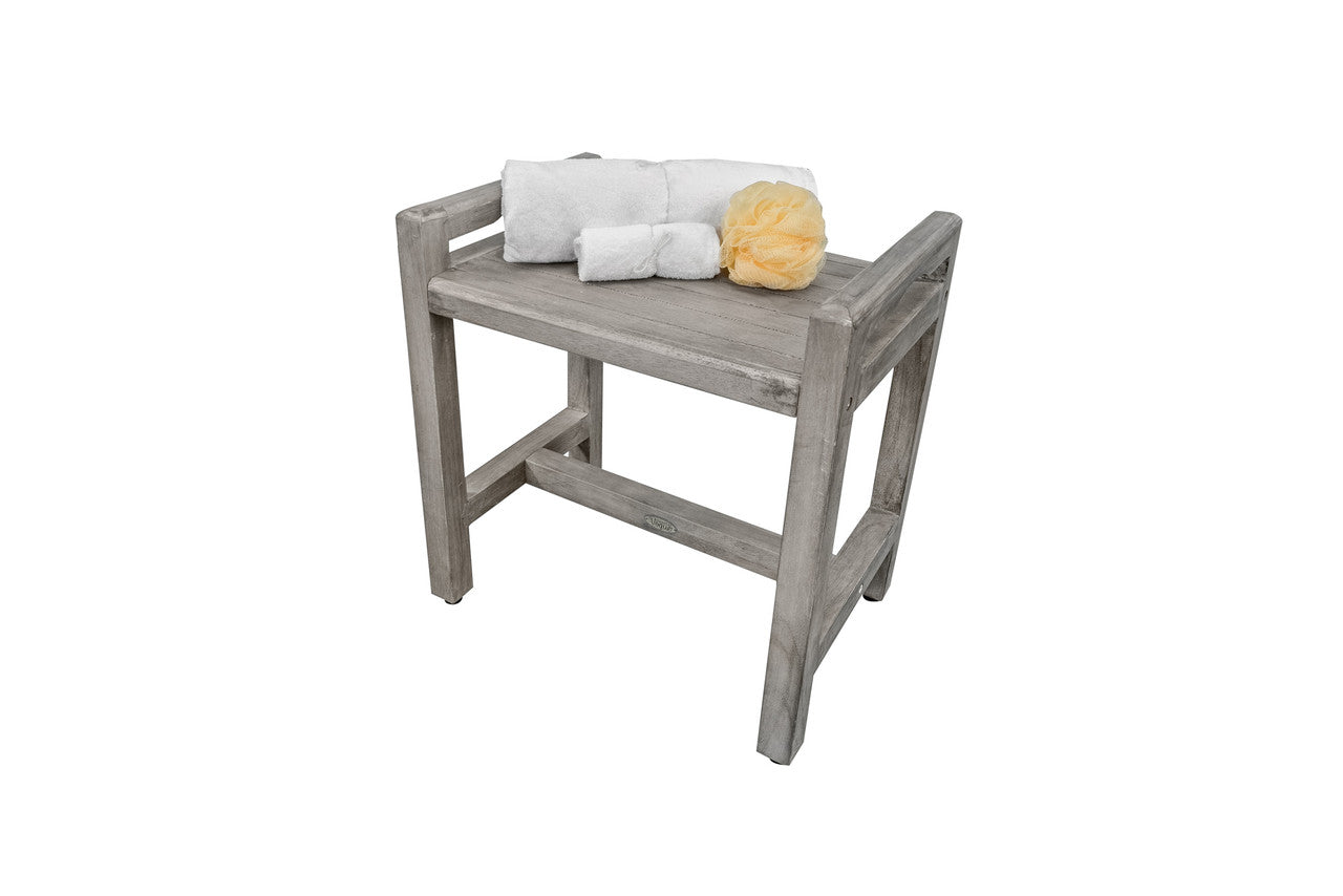 CoastalVogue Eleganto 20" Teak Wood Shower Bench with LiftAide Arms in Gray Driftwood Finish