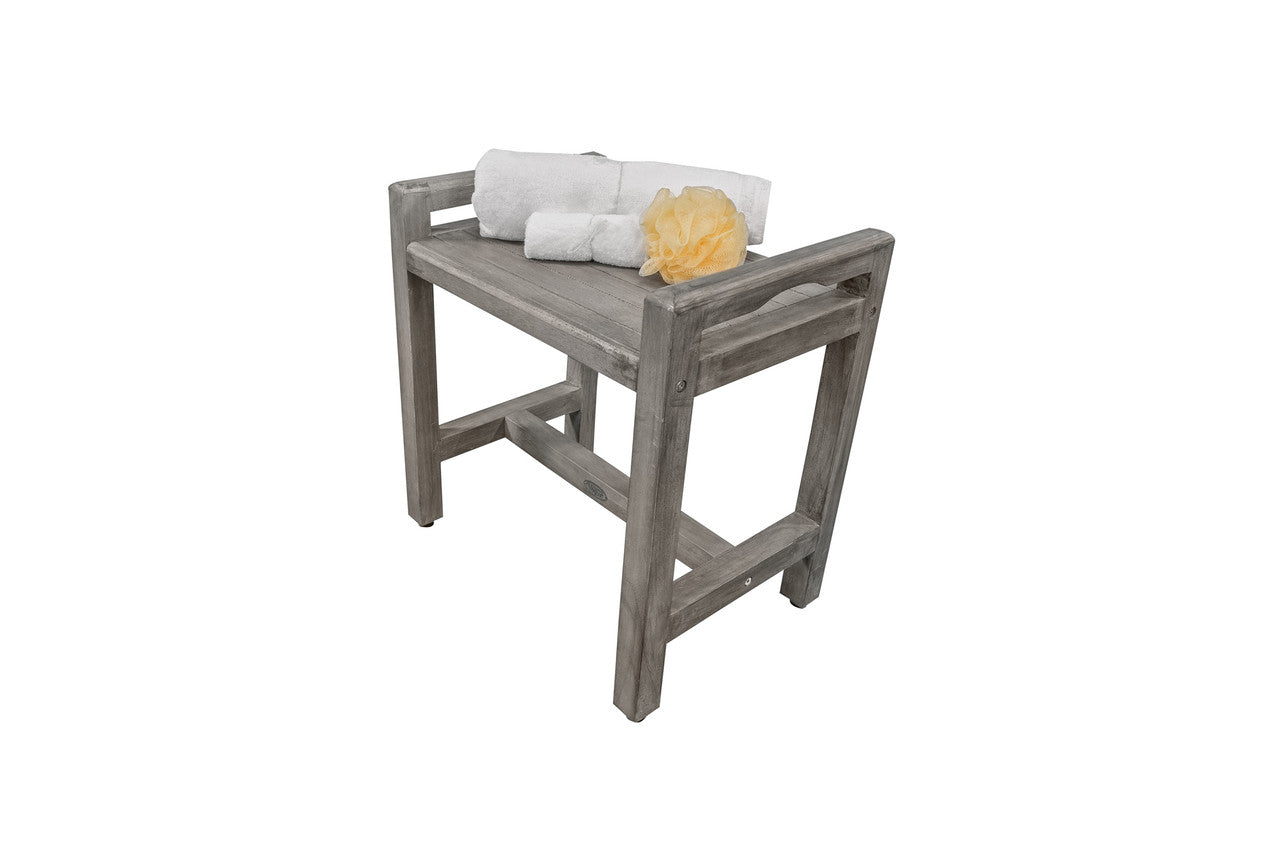 CoastalVogue Eleganto 20" Teak Wood Shower Bench with LiftAide Arms in Gray Driftwood Finish