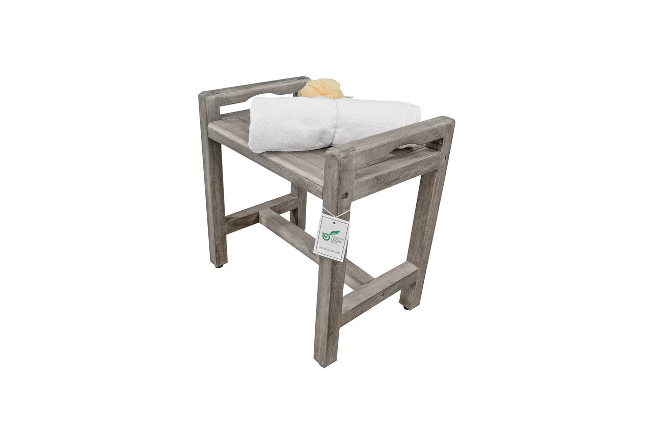 CoastalVogue Eleganto 20" Teak Wood Shower Bench with LiftAide Arms in Gray Driftwood Finish