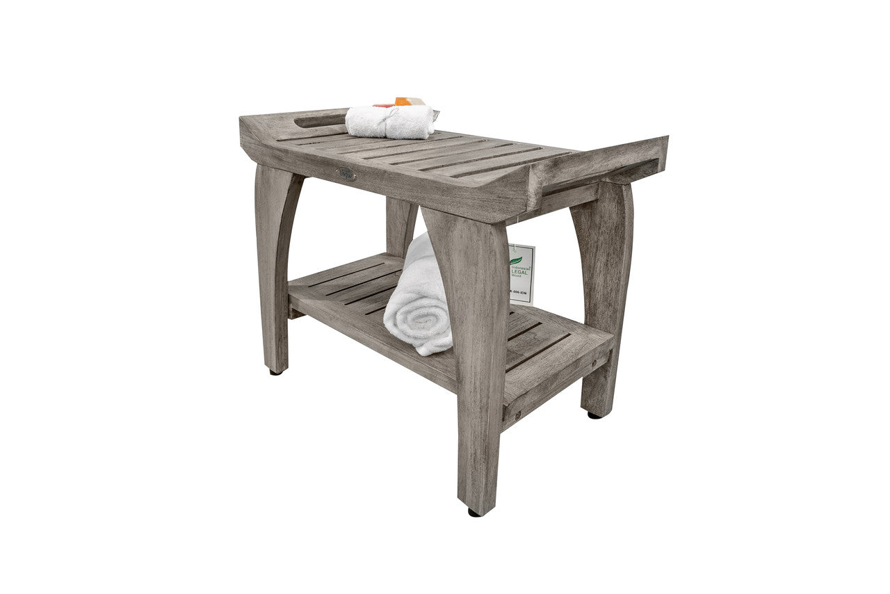 CoastalVogue® Tranquility® 24" Teak Wood Shower Bench with Shelf and LiftAide® Arms in Antique Gray Finish
