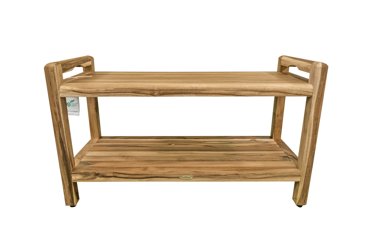 EcoDecors® Eleganto® 35" Teak Wood Shower Bench with LiftAide® Arms and Shelf in EarthyTeak Finish