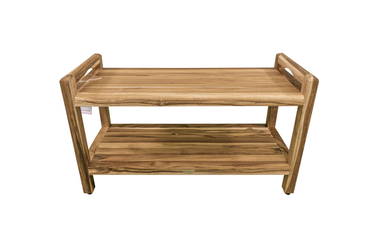 EcoDecors® Eleganto® 35" Teak Wood Shower Bench with LiftAide® Arms and Shelf in EarthyTeak Finish
