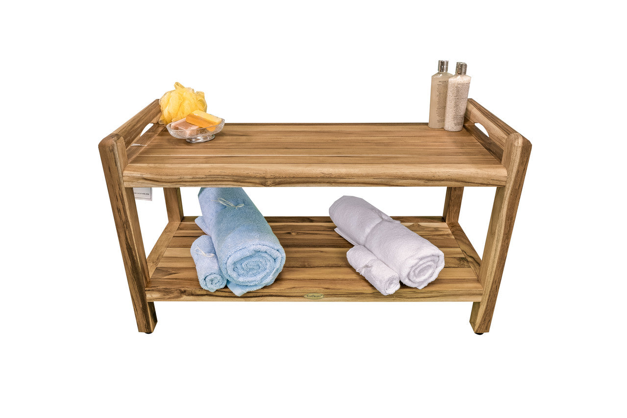 EcoDecors® Eleganto® 35" Teak Wood Shower Bench with LiftAide® Arms and Shelf in EarthyTeak Finish