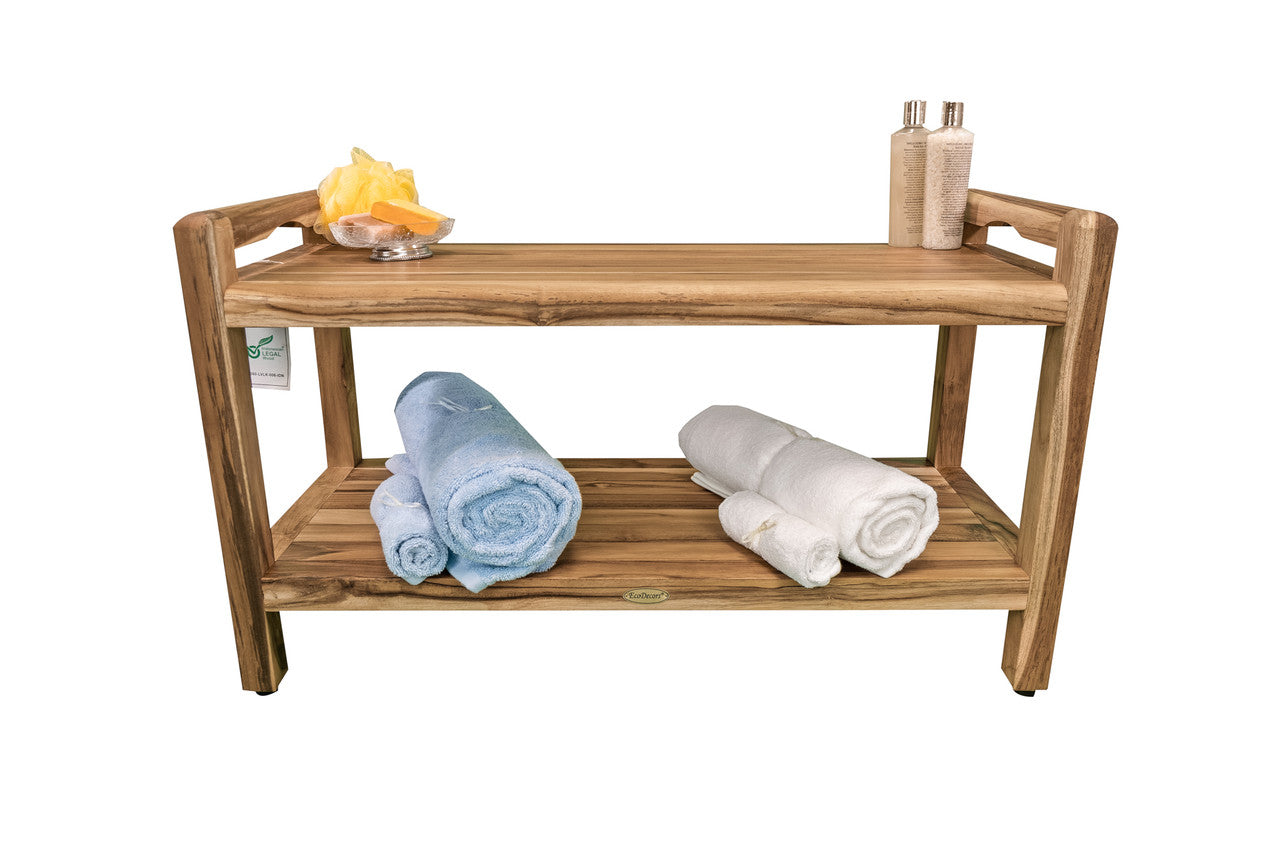 EcoDecors® Eleganto® 35" Teak Wood Shower Bench with LiftAide® Arms and Shelf in EarthyTeak Finish