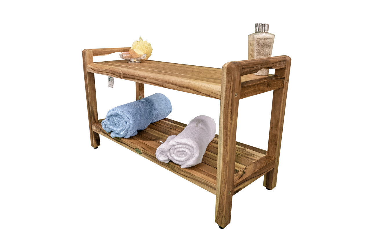 EcoDecors® Eleganto® 35" Teak Wood Shower Bench with LiftAide® Arms and Shelf in EarthyTeak Finish