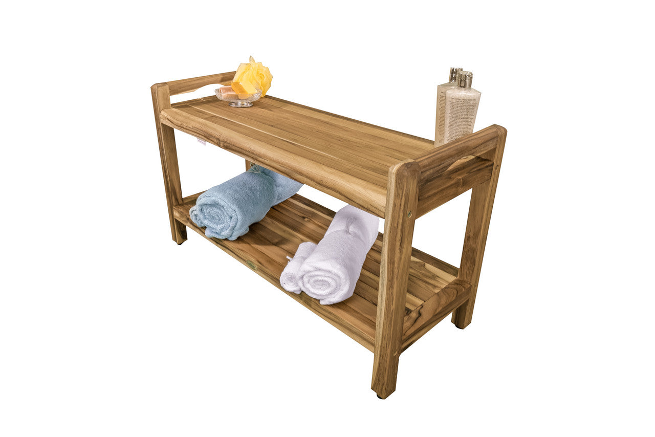 EcoDecors® Eleganto® 35" Teak Wood Shower Bench with LiftAide® Arms and Shelf in EarthyTeak Finish