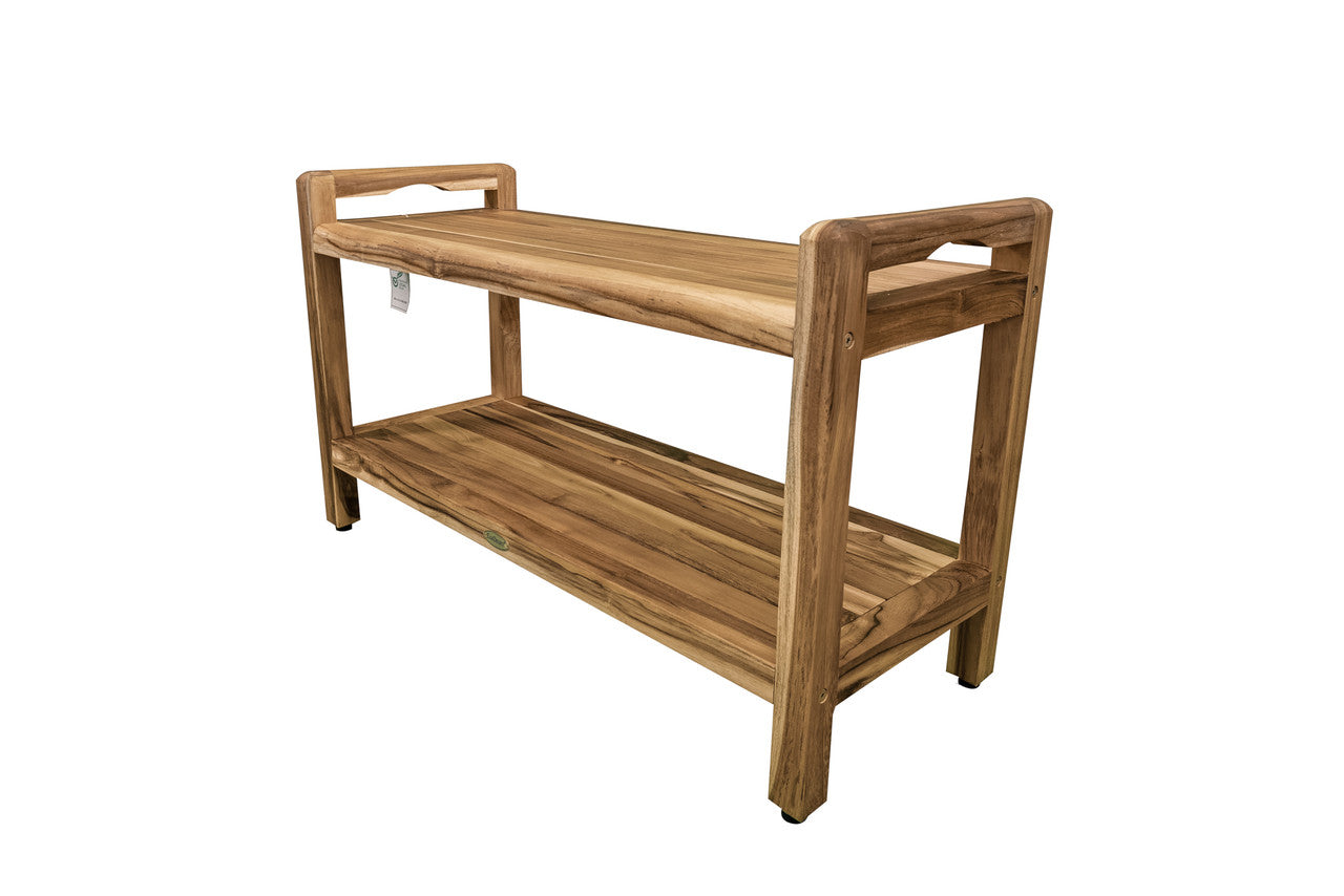 EcoDecors® Eleganto® 35" Teak Wood Shower Bench with LiftAide® Arms and Shelf in EarthyTeak Finish