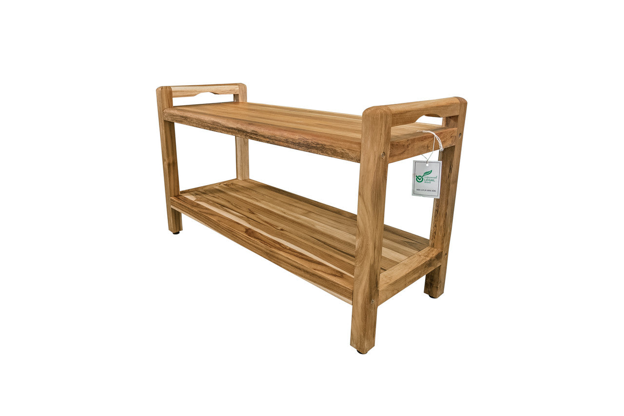 EcoDecors® Eleganto® 35" Teak Wood Shower Bench with LiftAide® Arms and Shelf in EarthyTeak Finish