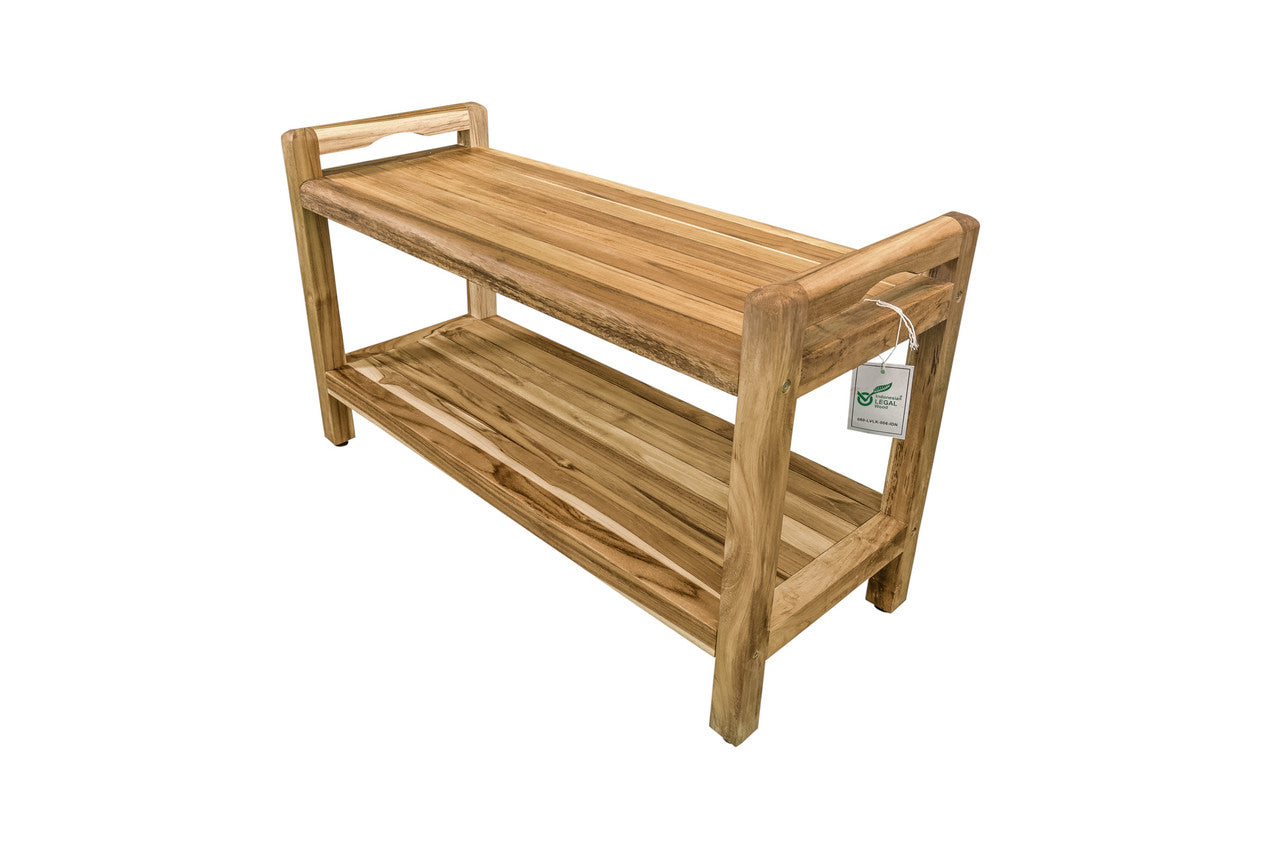 EcoDecors® Eleganto® 35" Teak Wood Shower Bench with LiftAide® Arms and Shelf in EarthyTeak Finish