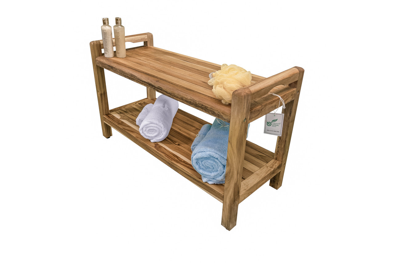 EcoDecors® Eleganto® 35" Teak Wood Shower Bench with LiftAide® Arms and Shelf in EarthyTeak Finish
