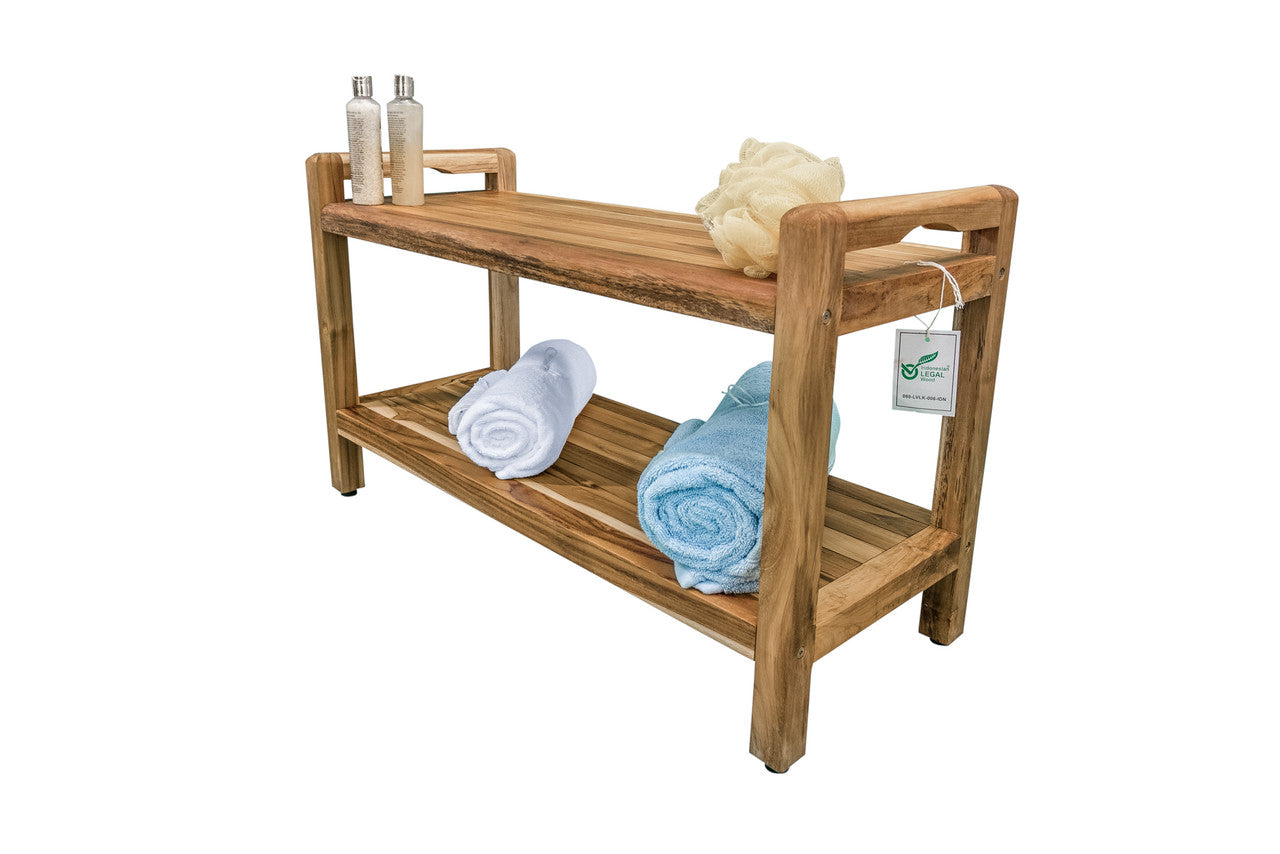 EcoDecors® Eleganto® 35" Teak Wood Shower Bench with LiftAide® Arms and Shelf in EarthyTeak Finish