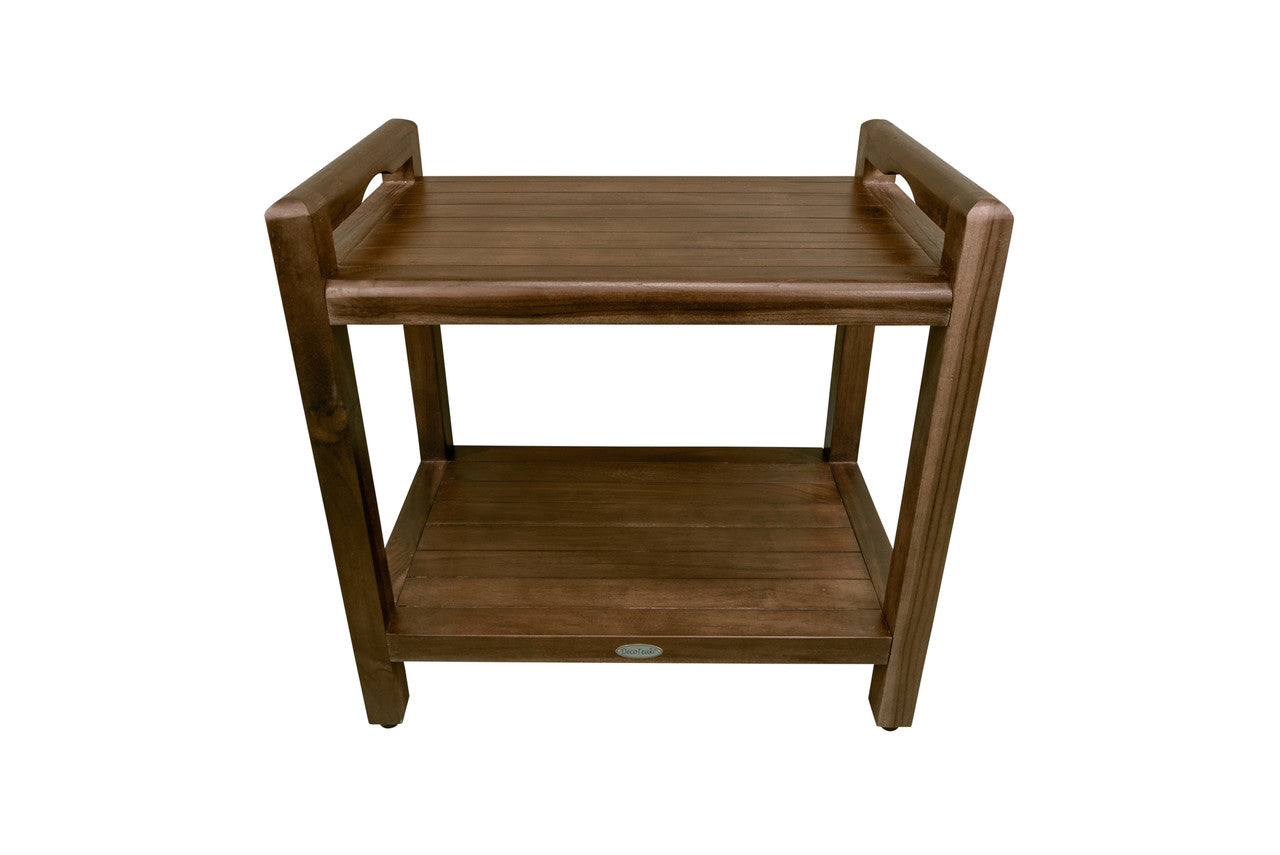 DecoTeak® Eleganto® 21"H Teak Wood Shower Bench with LiftAide® Arms and Shelf in Woodland Brown Finish