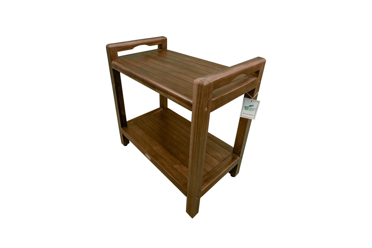DecoTeak® Eleganto® 21"H Teak Wood Shower Bench with LiftAide® Arms and Shelf in Woodland Brown Finish