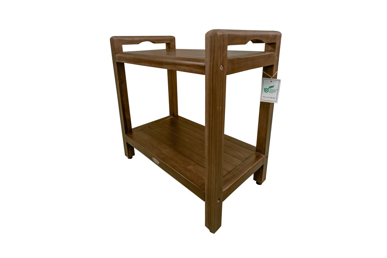 DecoTeak® Eleganto® 21"H Teak Wood Shower Bench with LiftAide® Arms and Shelf in Woodland Brown Finish