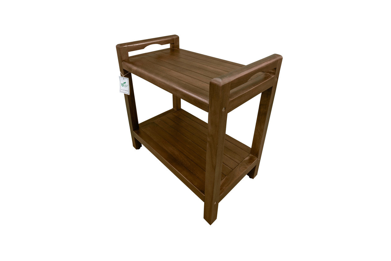 DecoTeak® Eleganto® 21"H Teak Wood Shower Bench with LiftAide® Arms and Shelf in Woodland Brown Finish