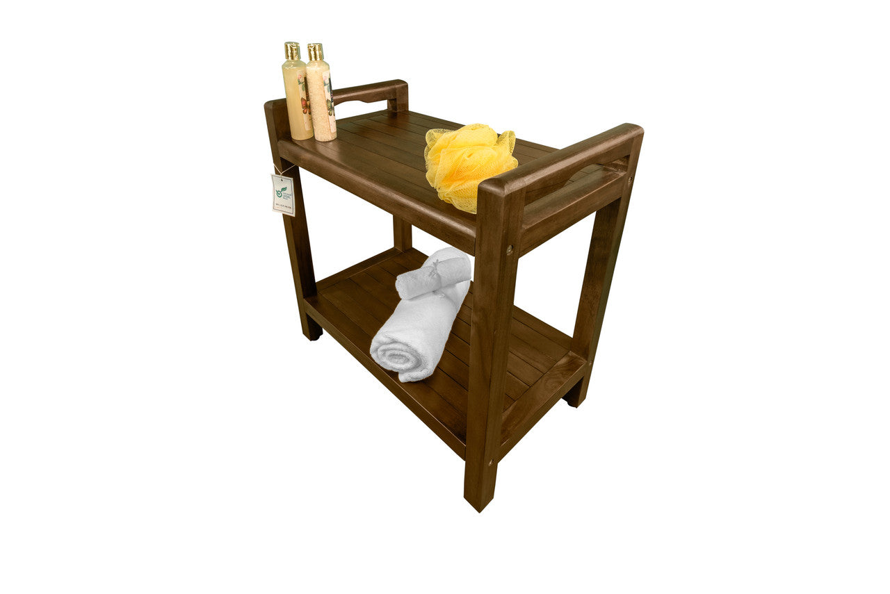 DecoTeak® Eleganto® 21"H Teak Wood Shower Bench with LiftAide® Arms and Shelf in Woodland Brown Finish