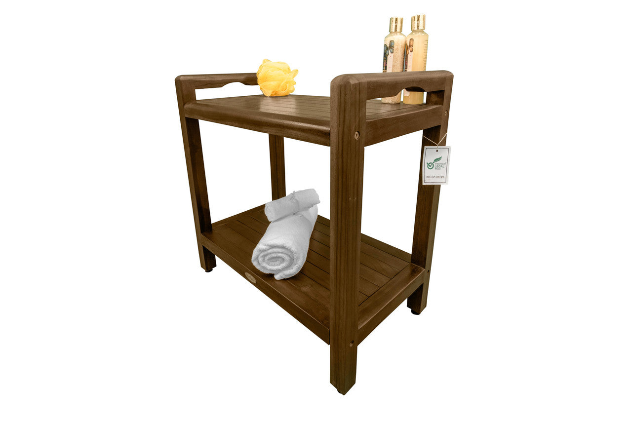 DecoTeak® Eleganto® 21"H Teak Wood Shower Bench with LiftAide® Arms and Shelf in Woodland Brown Finish
