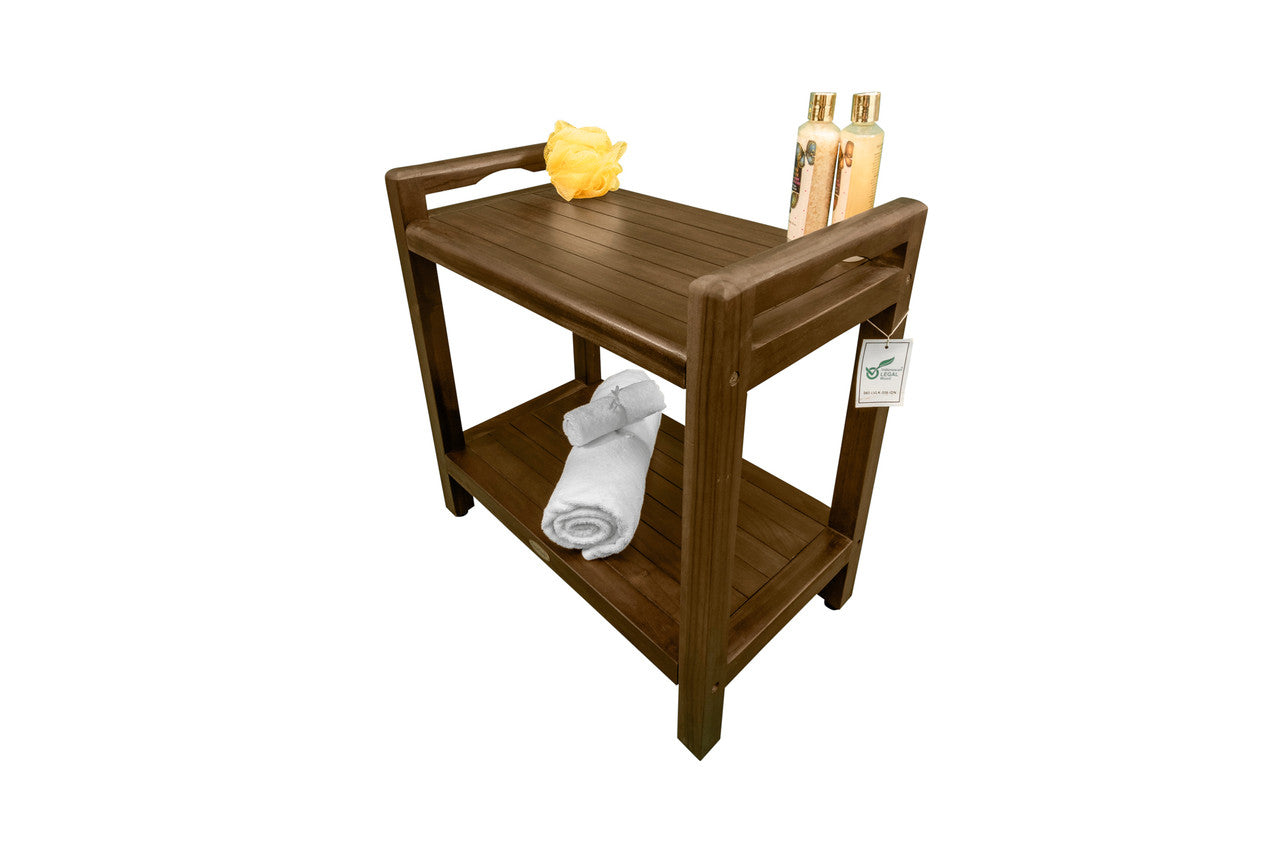 DecoTeak® Eleganto® 21"H Teak Wood Shower Bench with LiftAide® Arms and Shelf in Woodland Brown Finish
