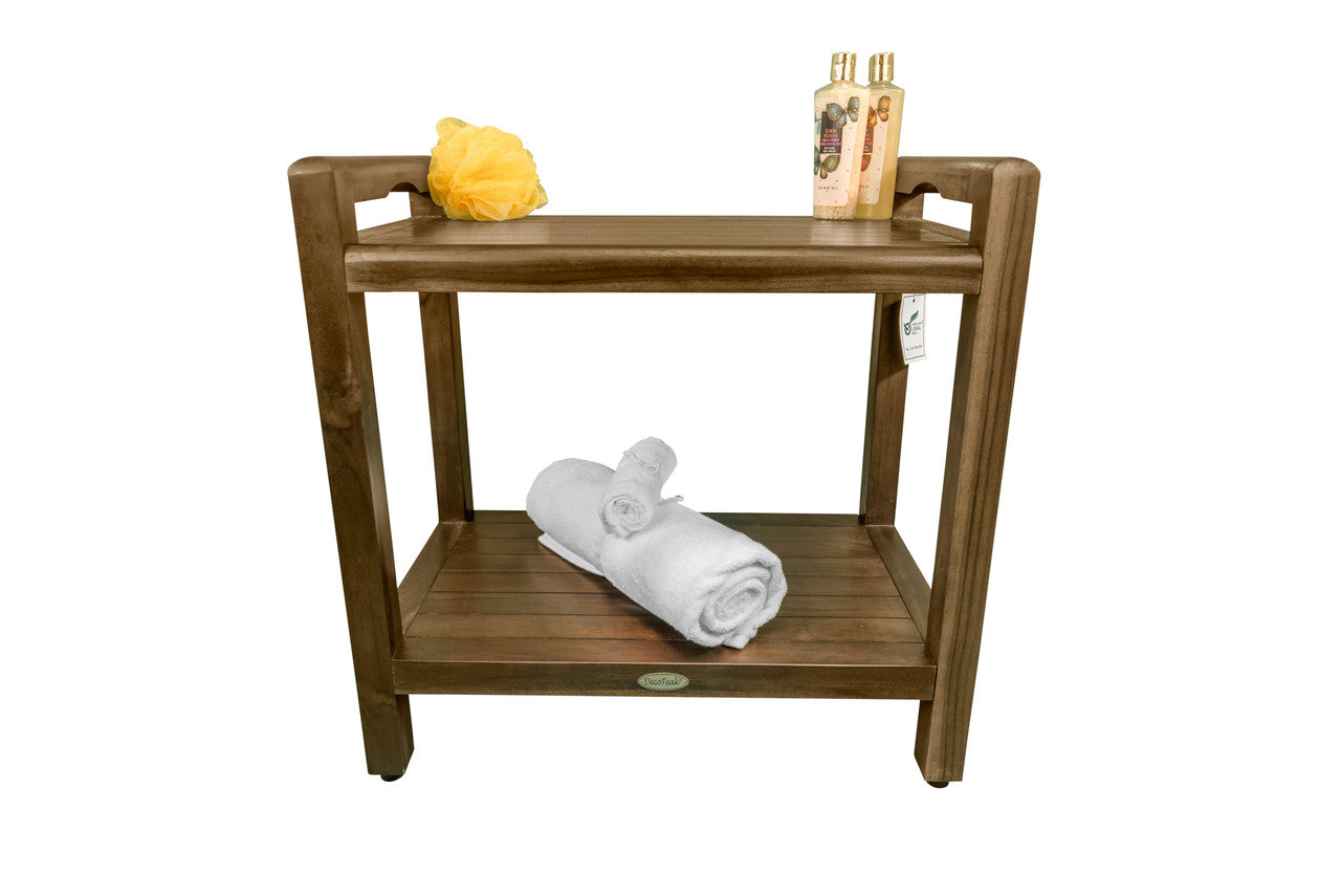 DecoTeak® Eleganto® 21"H Teak Wood Shower Bench with LiftAide® Arms and Shelf in Woodland Brown Finish