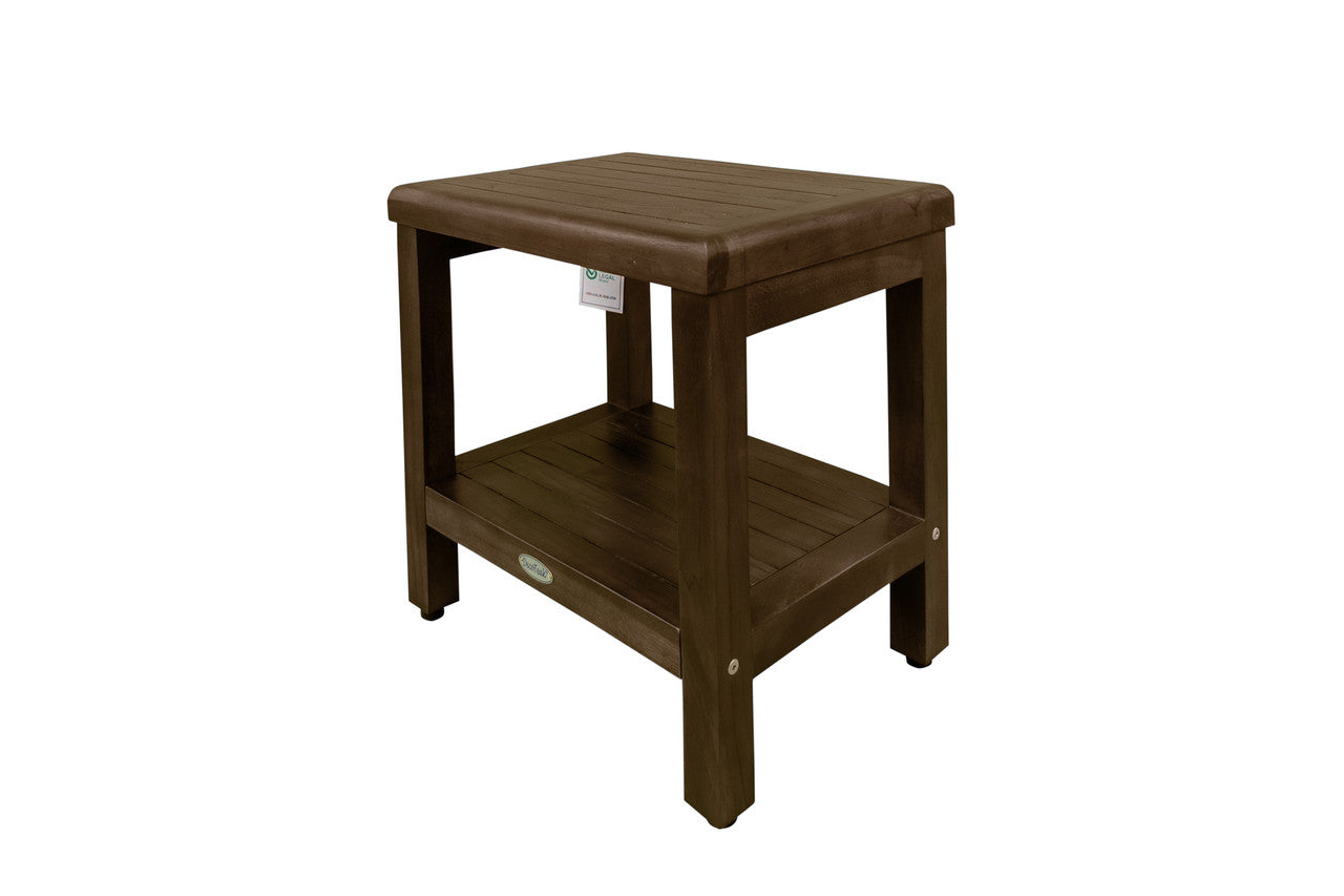 DecoTeak® Eleganto® 18" Teak Wood Shower Bench with Shelf in Woodland Brown Finish