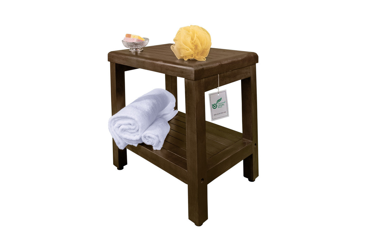 DecoTeak® Eleganto® 18" Teak Wood Shower Bench with Shelf in Woodland Brown Finish