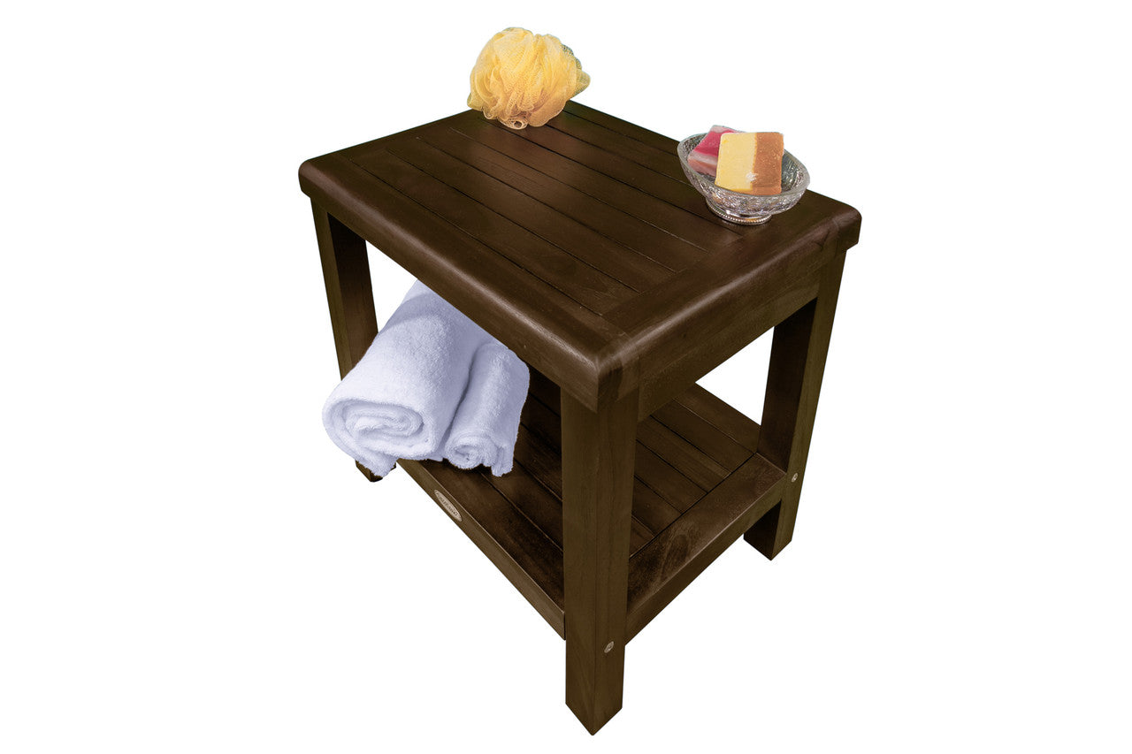 DecoTeak® Eleganto® 18" Teak Wood Shower Bench with Shelf in Woodland Brown Finish