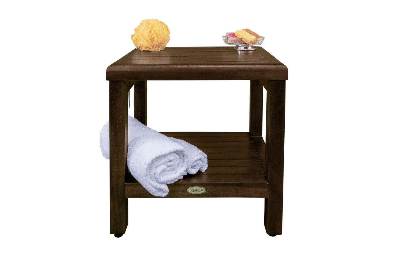 DecoTeak® Eleganto® 18" Teak Wood Shower Bench with Shelf in Woodland Brown Finish