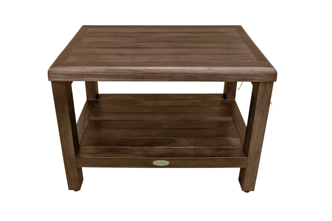 DecoTeak® Eleganto® 24" Teak Wood Shower Bench with Shelf in Woodland Brown Finish