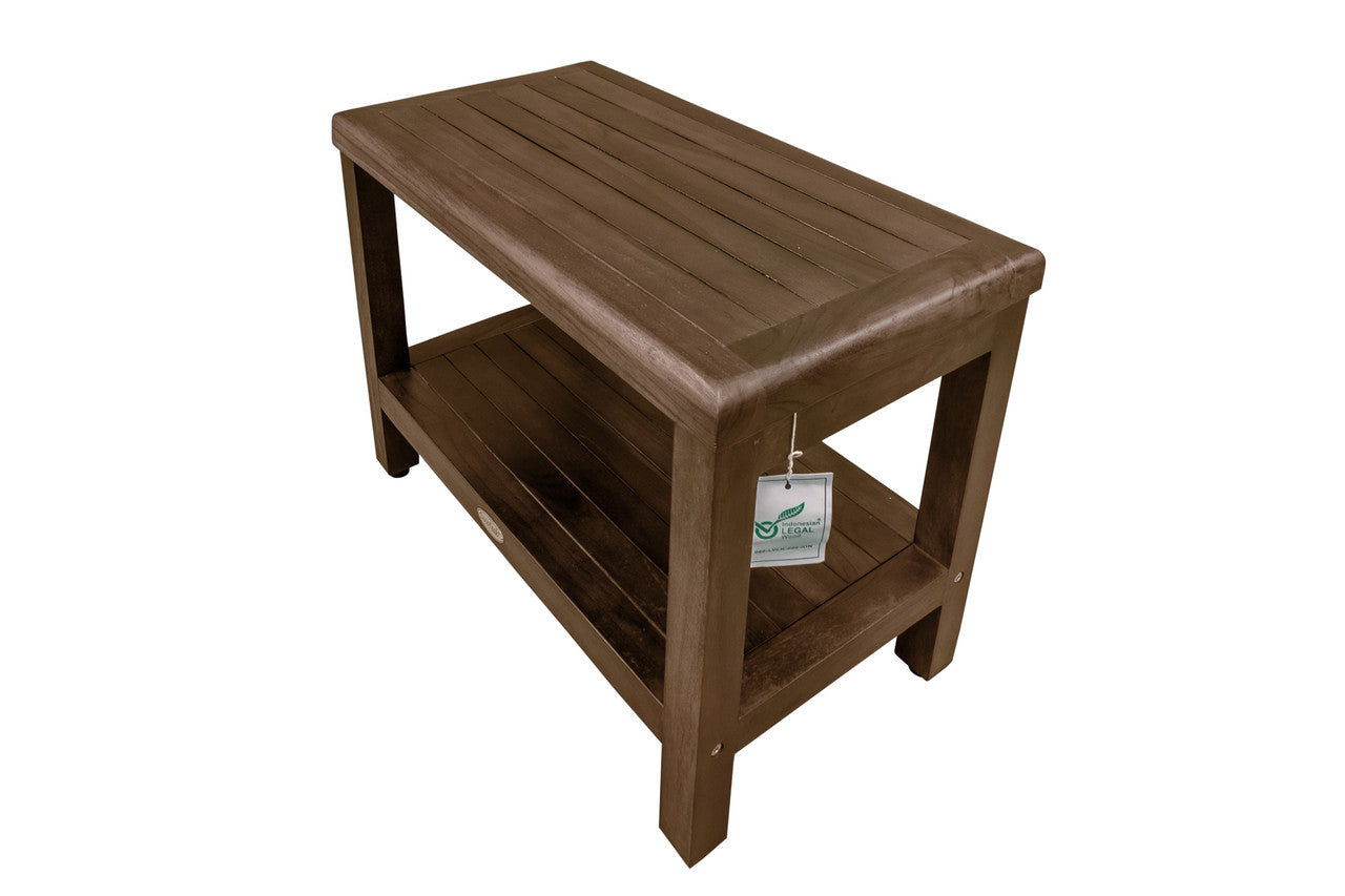 DecoTeak® Eleganto® 24" Teak Wood Shower Bench with Shelf in Woodland Brown Finish