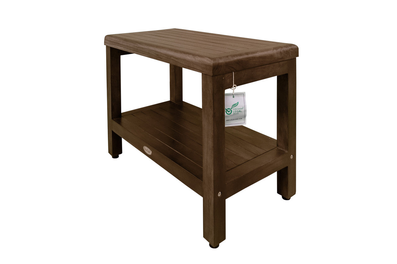 DecoTeak® Eleganto® 24" Teak Wood Shower Bench with Shelf in Woodland Brown Finish