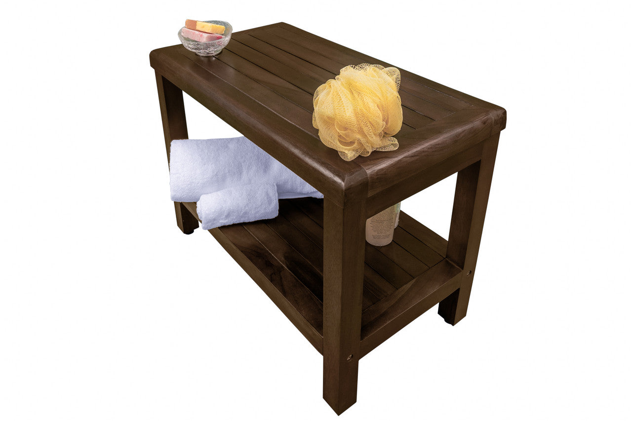 DecoTeak® Eleganto® 24" Teak Wood Shower Bench with Shelf in Woodland Brown Finish