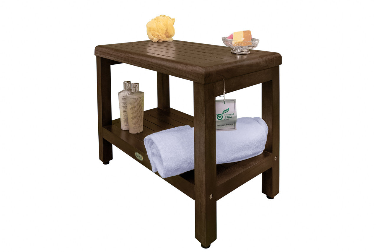 DecoTeak® Eleganto® 24" Teak Wood Shower Bench with Shelf in Woodland Brown Finish